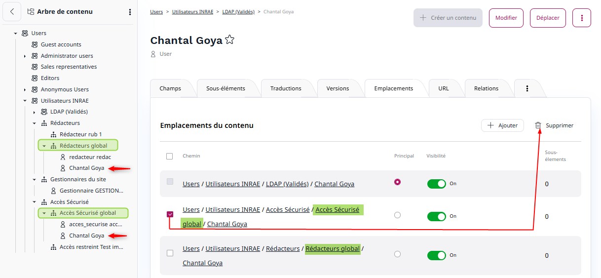 Ecran qui récapitule les droits attribués à un utilisateur