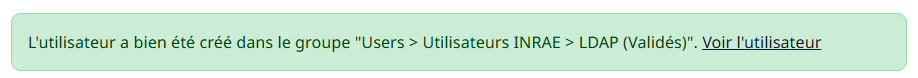 Message confirmant la creation de l'utilisateur