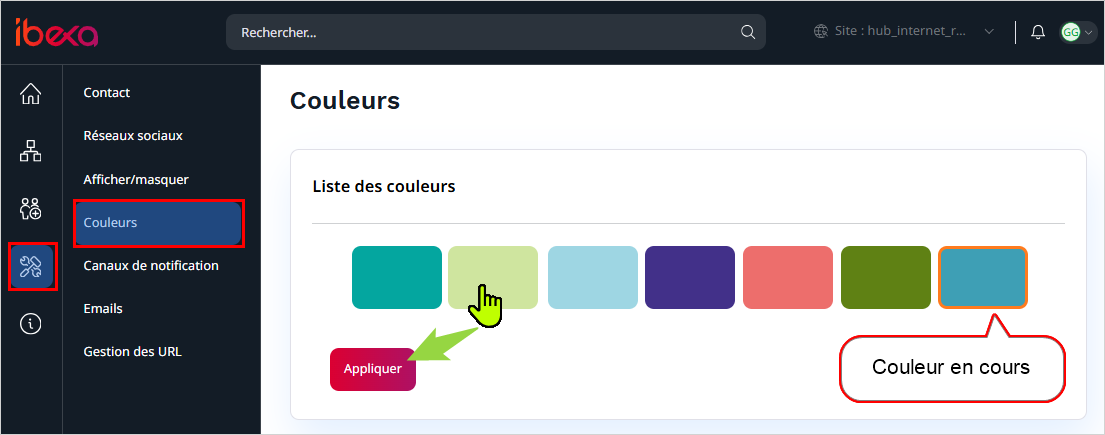 ecran de sélection de la couleur d'un site