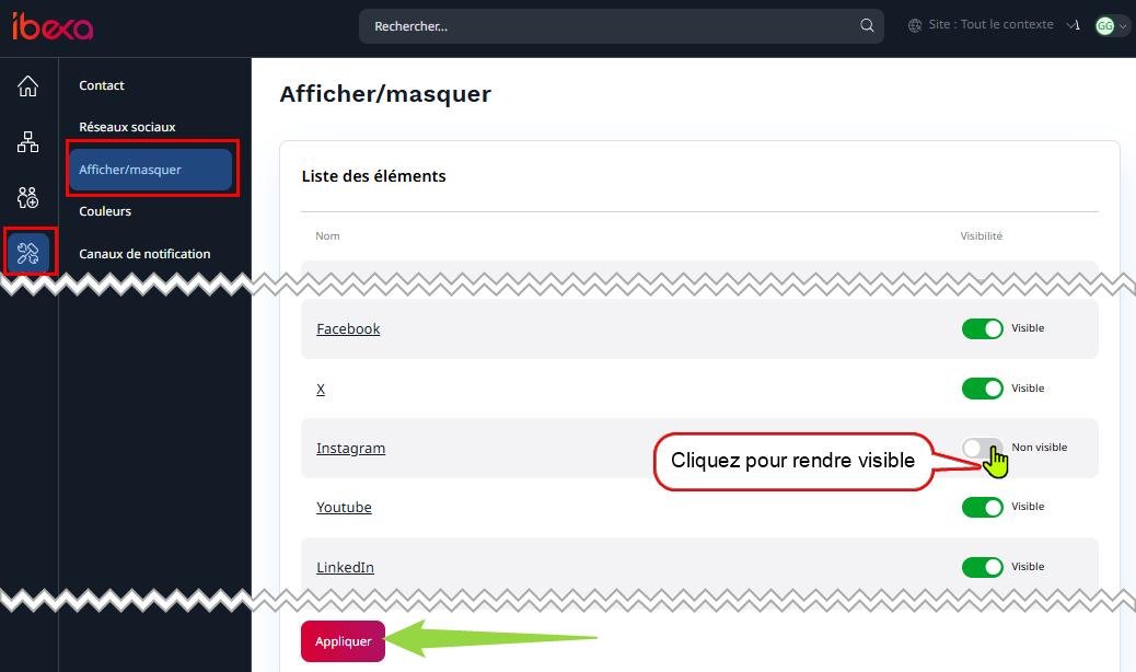 Ecran listant les réseaux sociaux avec bouton d'activation