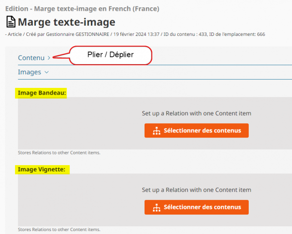 Le formulaire de saisie est scindé en deux parties : contenu et images