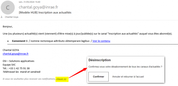Mail de notification : lien pour se désinscrire et fenêtre de confirmation