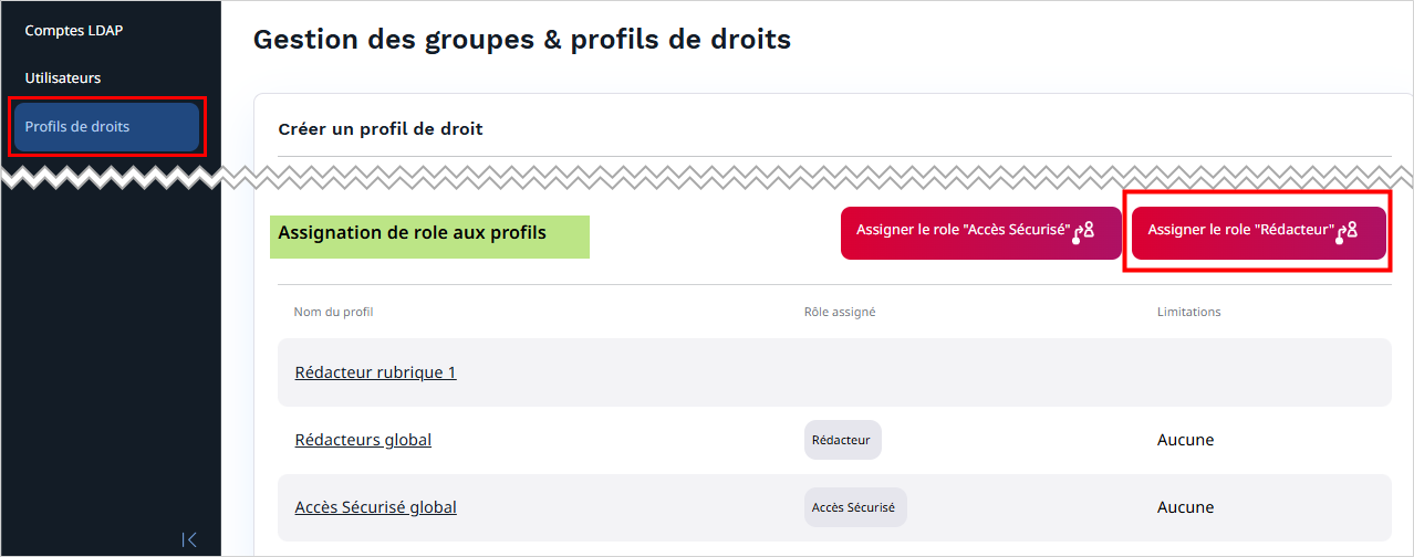 Ecran d'assignation de r&ocirc;le a un profil cr&eacute;&eacute;