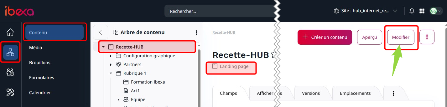 Chemin d'acc&egrave;s au mode constructeur de page : contenu >> Racine du site >> bouton "Modifier"