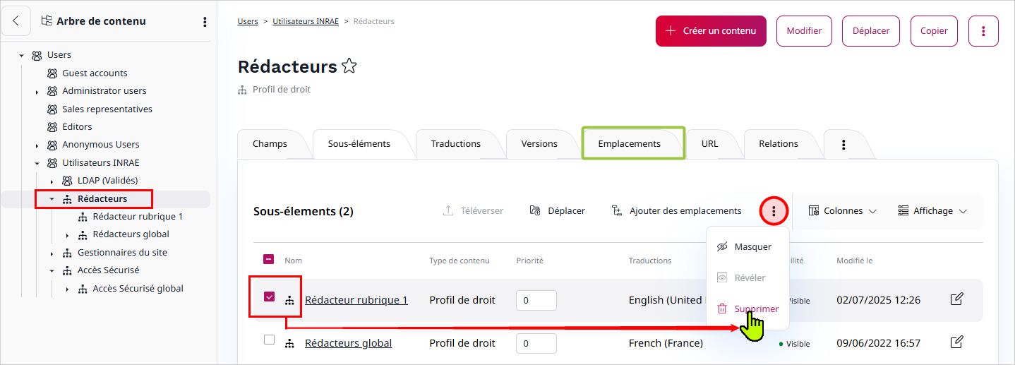 Ecran de suppression d'un profil