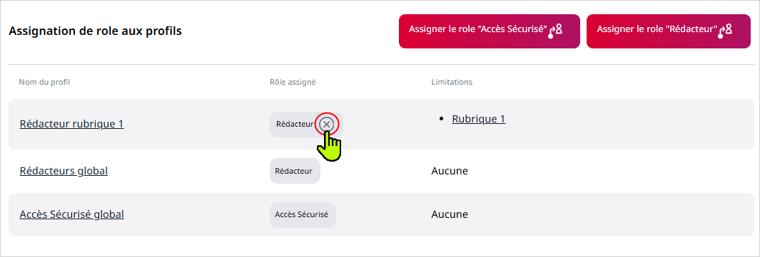 Ecran de suppression d'un r&ocirc;le assign&eacute; et de ses limitations