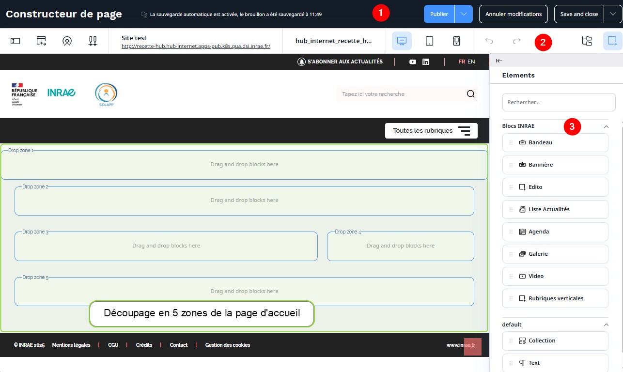 Zones du constructeur de page