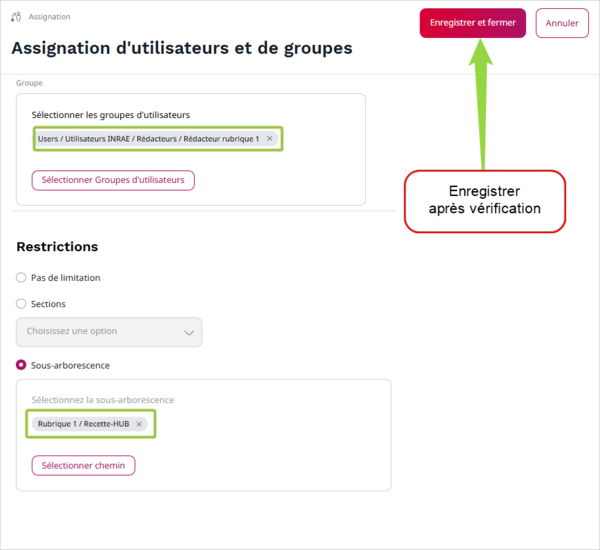 Ecran d'enregistrement de droits assign&eacute;s &agrave; un profil
